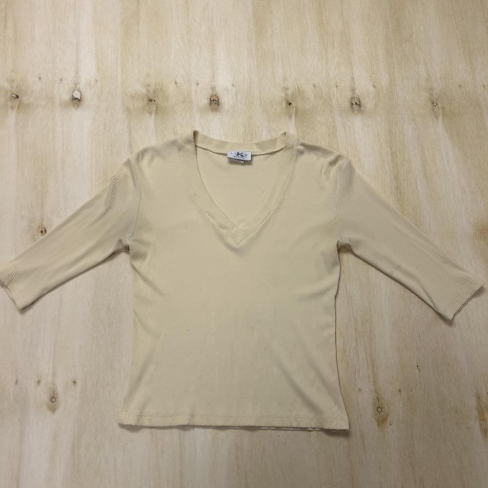 Vintage Lukly Shirt Women Small Yellow Ribbed V Neck 3/4 Sleeve Stretch Knit Top